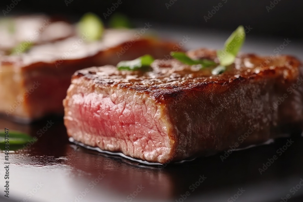 Two perfectly seared steaks, medium-rare, resting on a dark surface, showcasing juicy interiors and slightly charred exteriors, garnished with fresh herbs Two perfectly seared steaks, medium-rare, resting on a dark surface, showcasing juicy interiors and slightly charred exteriors, garnished with fresh herbs