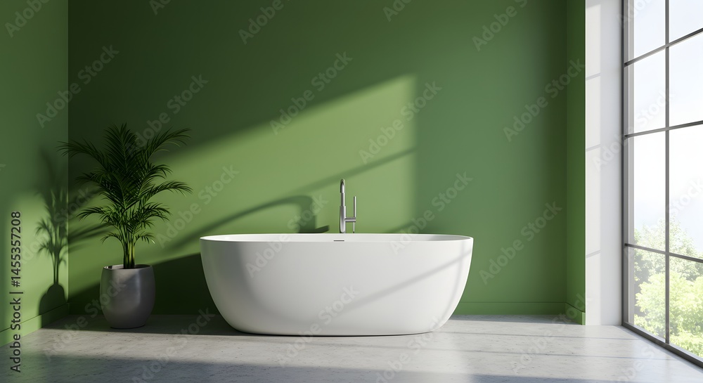 Fototapeta premium Modern Bathroom Interior with Green Walls, Bathtub, and Plant - Relaxation and Home Design.