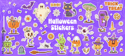 Cartoon stickers pack of groovy Halloween characters, monsters and spooky festive decorations. Vector holiday patches with pumpkin, ghost, witch, bat, cat, mushroom, broomstick, skeleton and cauldron