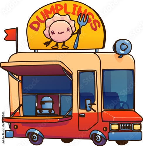Cartoon dumpling food truck car, festival street foodtruck van with a cheerful dumpling mascot holding a fork on top, service window, cooking pot, bold signage, for asian street food and festivals