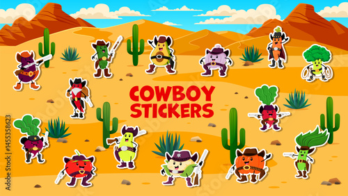 Cartoon cowboy, bandit and sheriff vegetable characters stickers, vector Wild West pack. Western Stickers of cartoon carrot cowboy in Arizona desert with cauliflower sheriff and cucumber bandit ranger