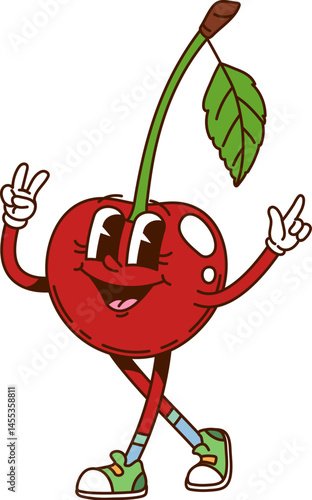 Groovy hippie cherry berry character happily posing with peace gesture. Isolated cartoon vector cool red berry with stem and leaf, retro personage wearing sneakers and exuding laid back funky y2k vibe