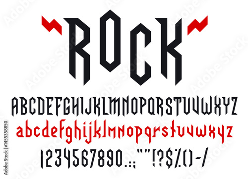 Heavy metal rock music font, musical type letters, punk typeface alphabet. Hard rock music band tattoo font vector typography set of grunge black red letters and numbers. Sharp gothic type abc signs