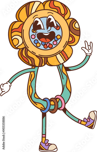 Retro cartoon groovy baby rattle kids toy character with flower head, expressive face and bright beads inside. Vector retro personage dances joyfully with bendy limbs, exuding funky vintage 70s vibes