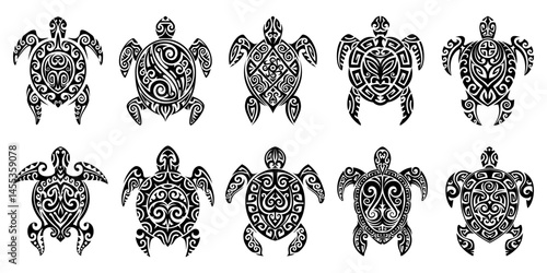 Tribal sea turtle animal Maori tattoo. Isolated vector set of black tortoise reptile sacral animal symbolic with ornate and tribal art motifs. Aboriginal Mayan or Aztec totem signs represent longevity