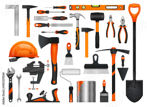 Construction diy tools set. 3d vector realistic repair instruments. Hammer, screwdriver, pliers, wrench and axe. Saw, roller, spanner and hard hat for home improvement, carpentry, and handyman works