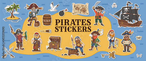 Stickers pack of groovy pirate and corsair characters on treasure island map vector background. Cartoon groovy psychedelic pirate captains, sailor and gunner personages with sail ship, hats and swords