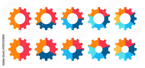 Cogwheel segmentation. Colorful diagram infographic of cogwheel set. Segmented of 2, 3, 4, 5, and 6 parts. 