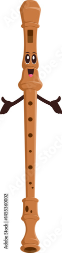 Cartoon funny flute musical instrument character. Isolated vector woodwind pipe personage for music school, educational classes for kids or concert performance. Funny flute with happy smiling face