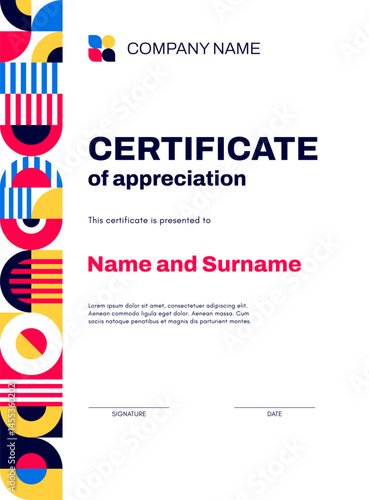 Business certificate vertical template with geometric abstract pattern border. Vector modern graphic diploma, award and appreciation certificate template with creative geometric color shapes pattern