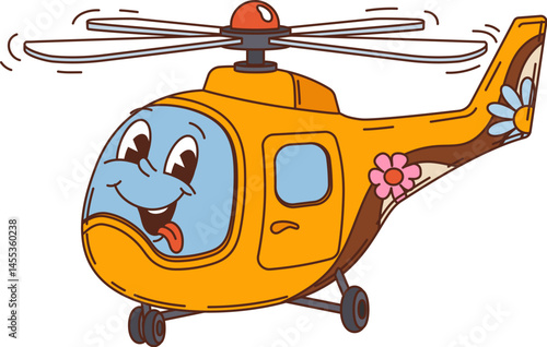 Retro cartoon groovy helicopter kids toy character with cheerful friendly face, spinning rotor blades and hippie floral pattern. Playful aircraft y2k retro personage for children transportation games