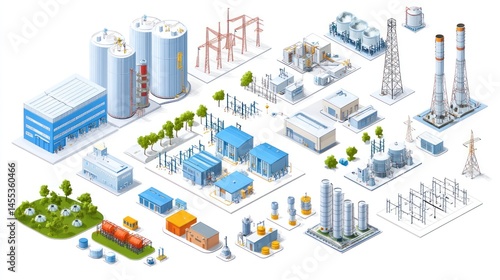 Isometric Industrial Complex: A Collection of Factory Buildings, Power Plants, and Infrastructure