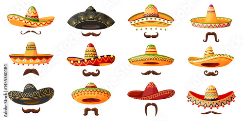 Mexican cowboy sombrero hats with moustaches. Isolated cartoon vector set of traditional charro caps paired with mustaches, symbolizes Latin culture, festive spirit and traditions of Mexico country