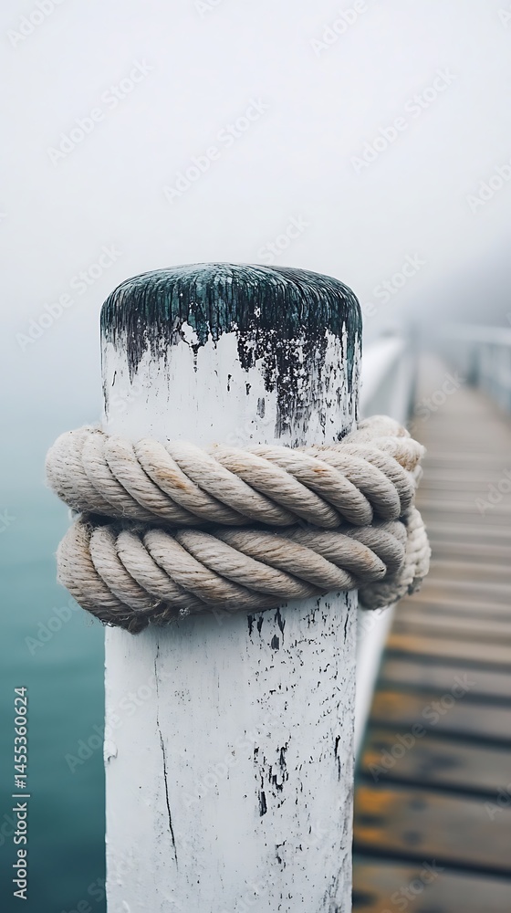 Obraz premium Thick rope wraps around a weathered white post near a foggy pier