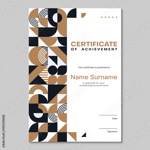 Certificate template with golden geometric abstract pattern, vector diploma layout. Certificate of appreciation template with abstract geometric pattern of achievement and award for best success
