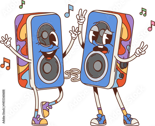 Cartoon groovy computer speakers characters. Two vector speakers with funky faces and musical notes around, conveying fun and playful vibe while enjoying music, showcasing technology and entertainment