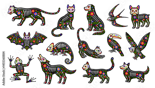 Animal skeleton tattoo of Mexican day of the dead sugar skull cat, owl, bat, frog and wolf. Dog, chameleon, bird, toucan and parrot. Vector Dia de los muertos creatures with floral patterns and bones