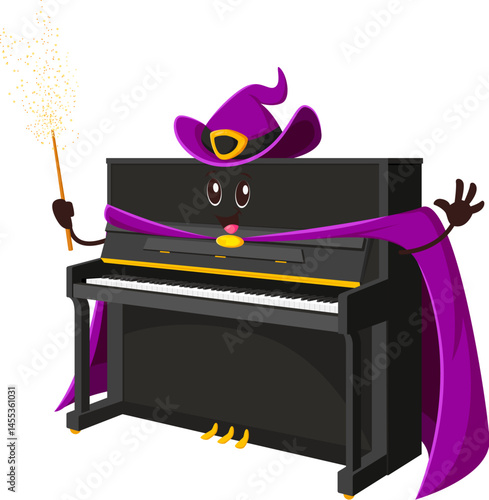 Cartoon piano wizard, Halloween musical instrument mage or witch, vector personage. Funny piano in sorcerer mantle and mage hat with magic wand for Halloween holiday music instrument character