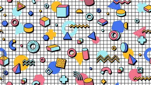 Abstract Memphis seamless pattern with geometric shapes. Vector tile background ornament with retro modern elements of 80s or 90s on checkered notebook page. Vibrant motif with bright creative figures