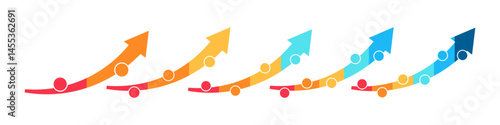 Growth arrow chart segmentation. Colorful diagram infographic of growth arrow set. Conceptual of progress. Segmented of 2, 3, 4, 5, and 6 parts. 