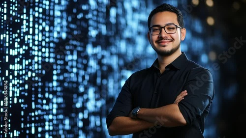 Confident Professional Standing Before Digital Backdrop Demonstrating Innovation