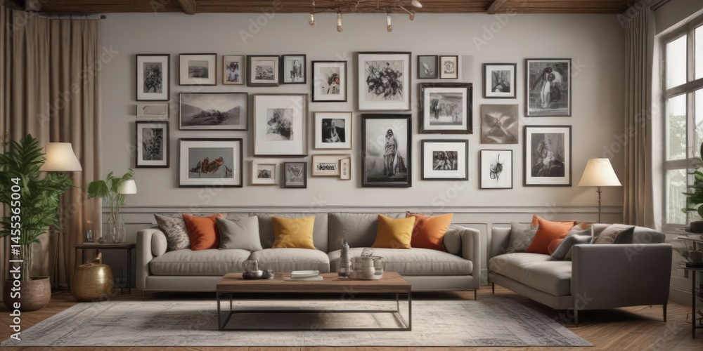 Fototapeta premium Chic living room, eclectic gallery wall, artful framing, art, interior styling, wall art