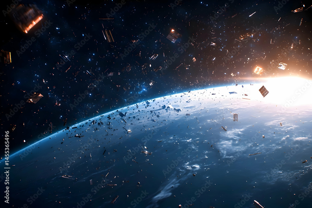 view of space debris orbiting Earth, depicting thousands of scattered, metallic fragments, defunct satellites, and broken spacecraft pieces view of space debris orbiting Earth, depicting thousands of scattered, metallic fragments, defunct satellites, and broken spacecraft pieces