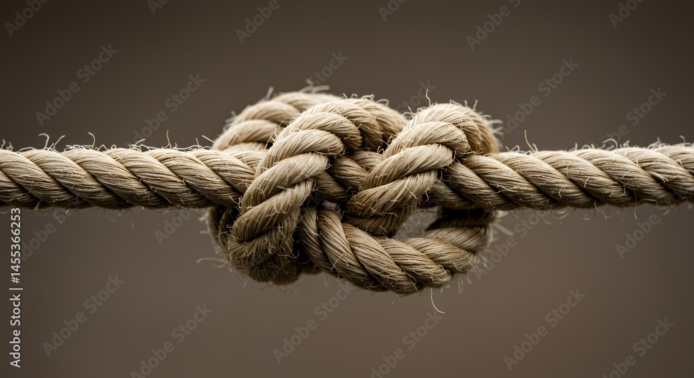 Intricate Knot in Beige Rope Against a Muted Brown Background Intricate Knot in Beige Rope Against a Muted Brown Background