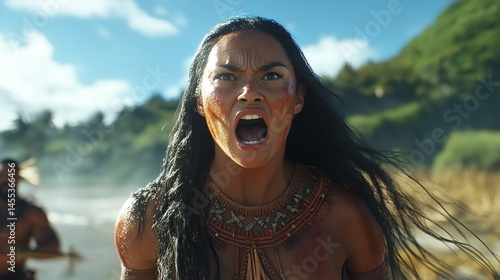 Woman of Maori descent performing a traditional haka dance, showcasing the strength and pride

