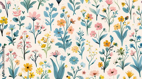 Seamless floral patterns with spring blooms like peonies and cherry blossoms. Ideal for textiles, wallpapers, or digital backgrounds. Soft pastels and vibrant hues.