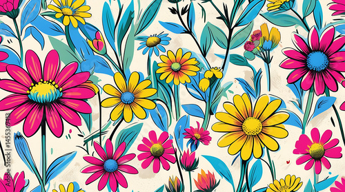 Seamless floral patterns with spring blooms like peonies and cherry blossoms. Ideal for textiles, wallpapers, or digital backgrounds. Soft pastels and vibrant hues.