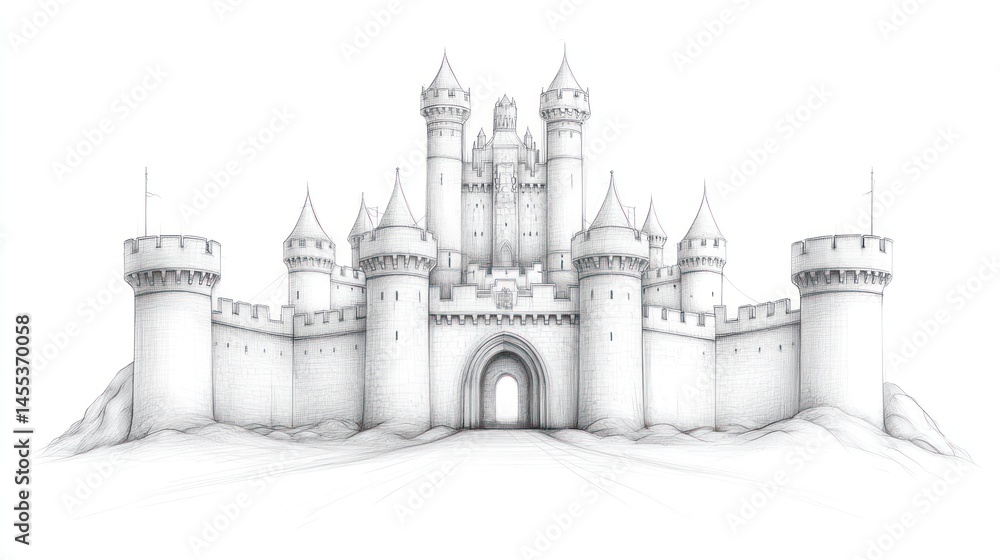 Fototapeta premium Majestic Castle Drawing: A Pencil Sketch of a Fairytale Fortress