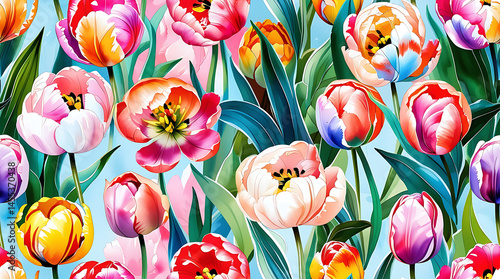 Seamless floral patterns with spring blooms like peonies and cherry blossoms. Ideal for textiles, wallpapers, or digital backgrounds. Soft pastels and vibrant hues.