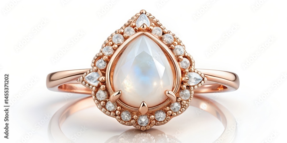 Elegant rose gold ring featuring a beautiful pear-shaped moonstone at its center, adorned with intricate diamond accents and ornate details , sophistication, accessory Elegant rose gold ring featuring a beautiful pear-shaped moonstone at its center, adorned with intricate diamond accents and ornate details , sophistication, accessory