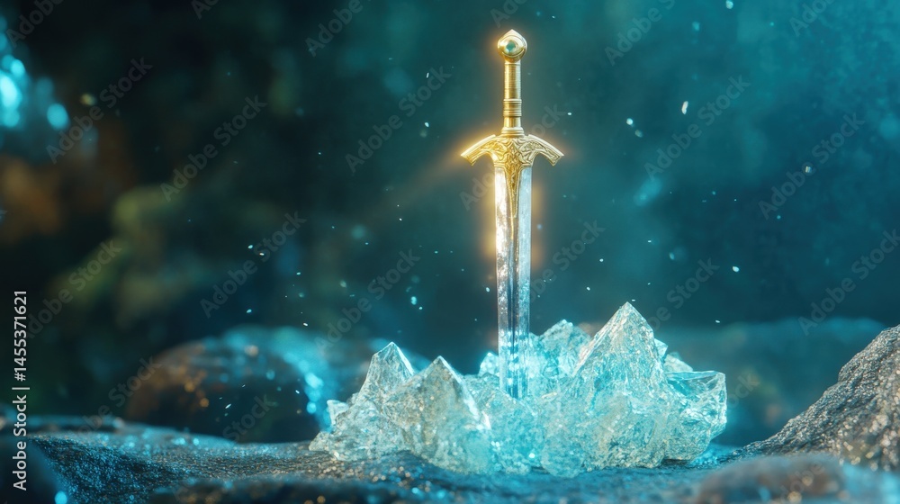 Naklejka premium Golden sword embedded in a bed of icy crystals.