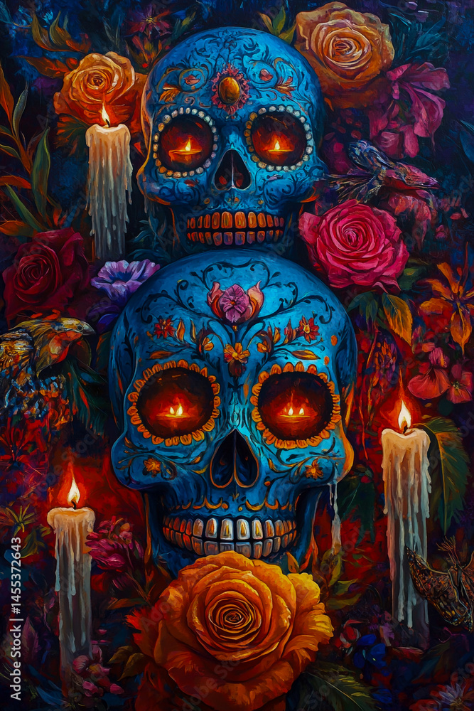 Fototapeta premium Vibrantly colored blue and orange sugar skulls adorned with a combination of roses, flickering candles, and vibrant flowers, capturing the essence of the Day of the Dead celebration.