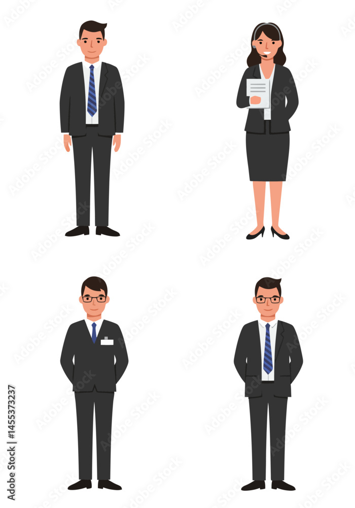 A minimal flat design set of 4 diverse office staff characters in different roles, standing on a white background, clean and modern style. A minimal flat design set of 4 diverse office staff characters in different roles, standing on a white background, clean and modern style.