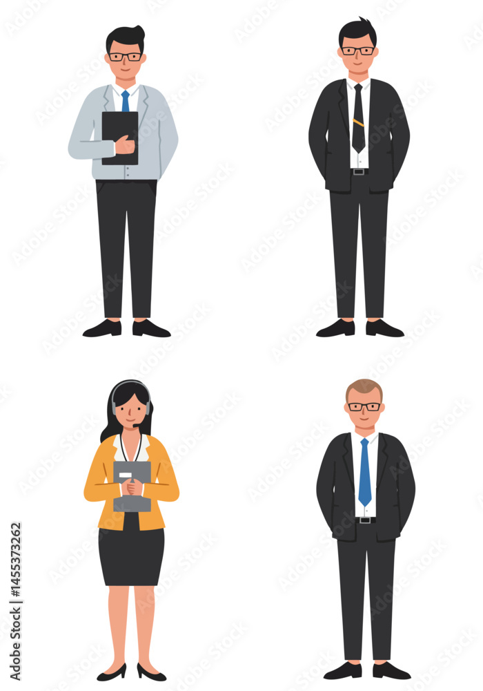 A minimal flat design set of 4 diverse office staff characters in different roles, standing on a white background, clean and modern style.