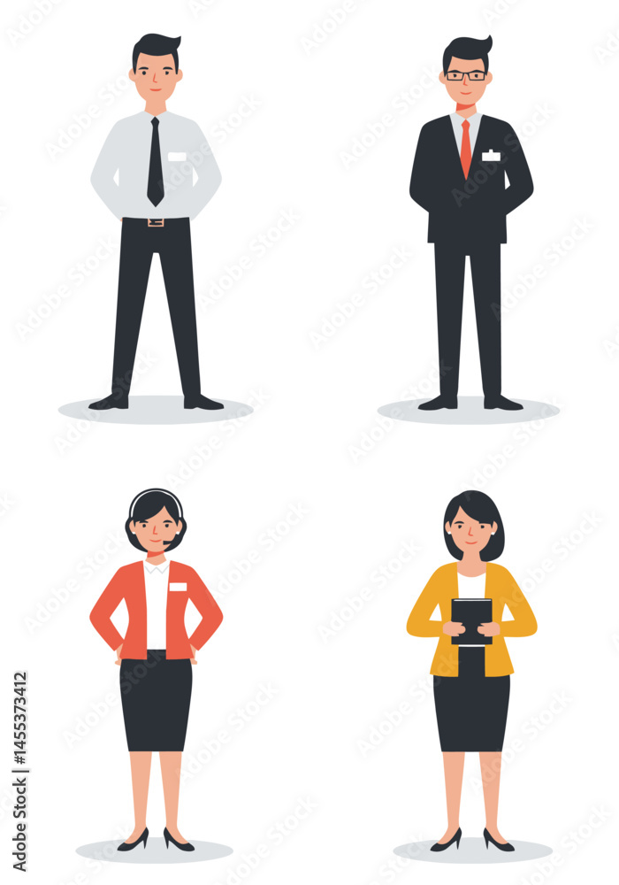 custom made wallpaper toronto digitalA minimal flat design set of 4 diverse office staff characters in different roles, standing on a white background, clean and modern style.