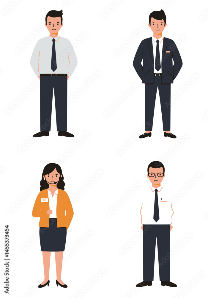 A minimal flat design set of 4 diverse office staff characters in different roles, standing on a white background, clean and modern style. A minimal flat design set of 4 diverse office staff characters in different roles, standing on a white background, clean and modern style.