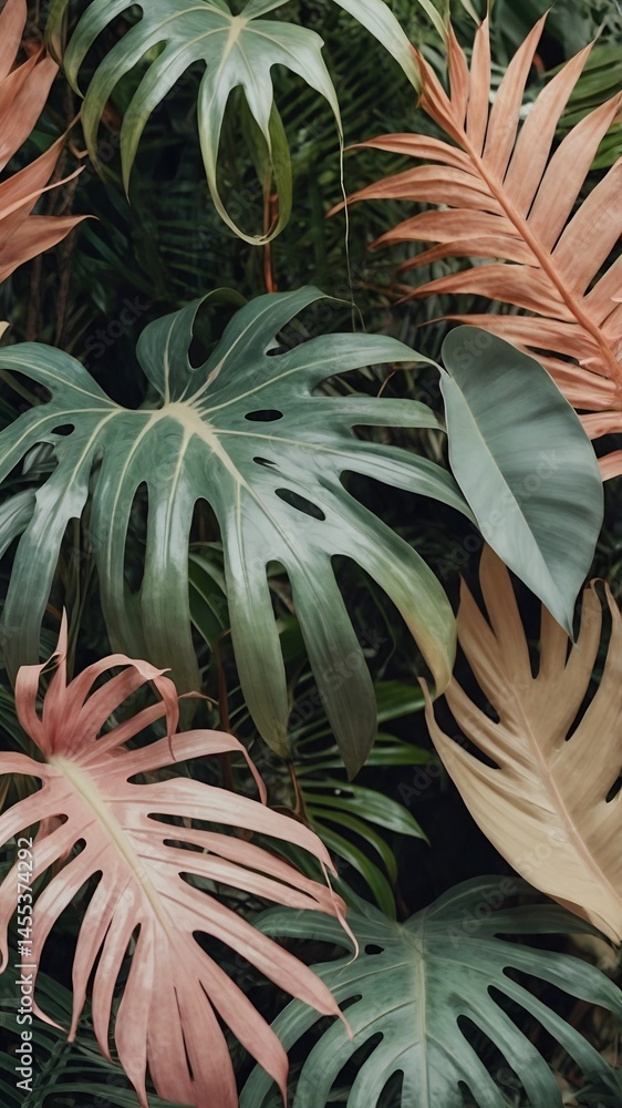 Obraz premium Tropical Botanical Background with Pastel Leaves and Copy Space | Modern Nature Template