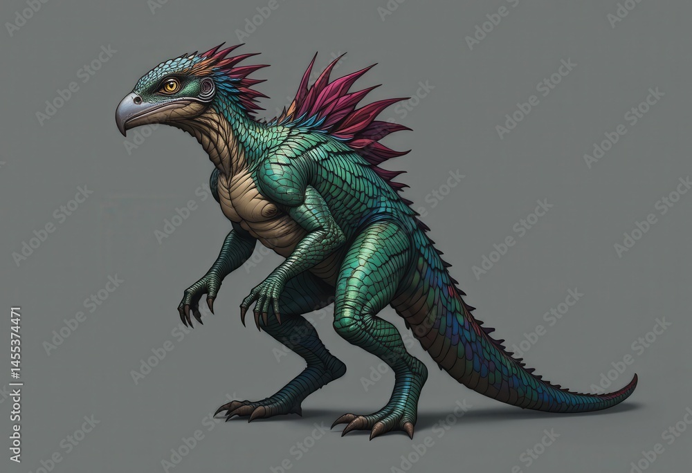 Fototapeta premium Fantasy Creature Standing with Scales and Feathers Isolated