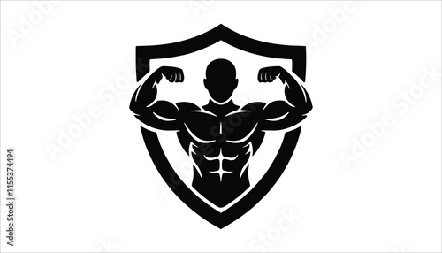 Bodybuilder Flexing Logo Vector. Muscular Man Icon Inside Shield for Gym and Fitness Branding.