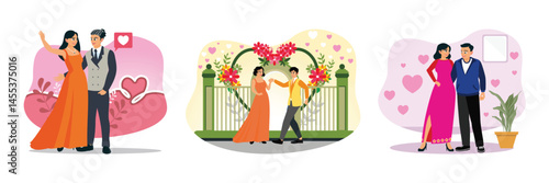 A couple dressed elegantly and romantically in a romantic moment and become a happy family.