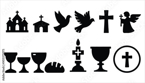 Christian Symbols Vector Set. Church, Cross, Dove, Angel, Communion, Candle Icons.
