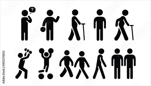 People Activity Icons Vector – Stick Figure Silhouettes for Walking, Fitness, and Movement