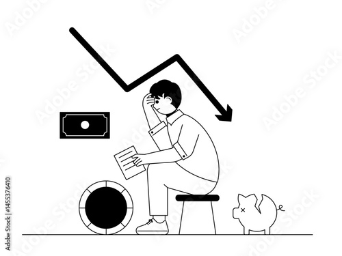 Significant currency depreciation due to inflation affecting business. Social issue vector illustration. Black and white style. Flat and outline illustration concept.