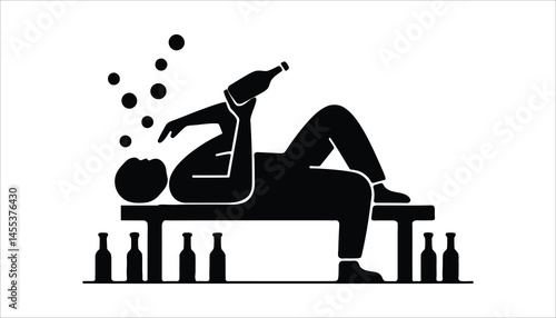Alcohol Addiction Vector Illustration – Drunk Person Drinking Alone with Bottles Symbol