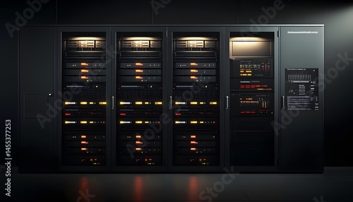 Modern Black Server Rack System With Illuminated Components
