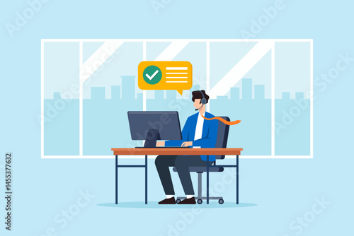 Flat illustration of office employee answering customer calls with headset and desktop computer at work desk in modern workplace